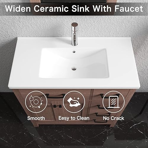 Miniatura 4 de wonline Moderno tocador de baño con lavabo de cerámica, gabinete de almacenamiento marrón con cajones de cierre suave, combo de fregadero de grifo