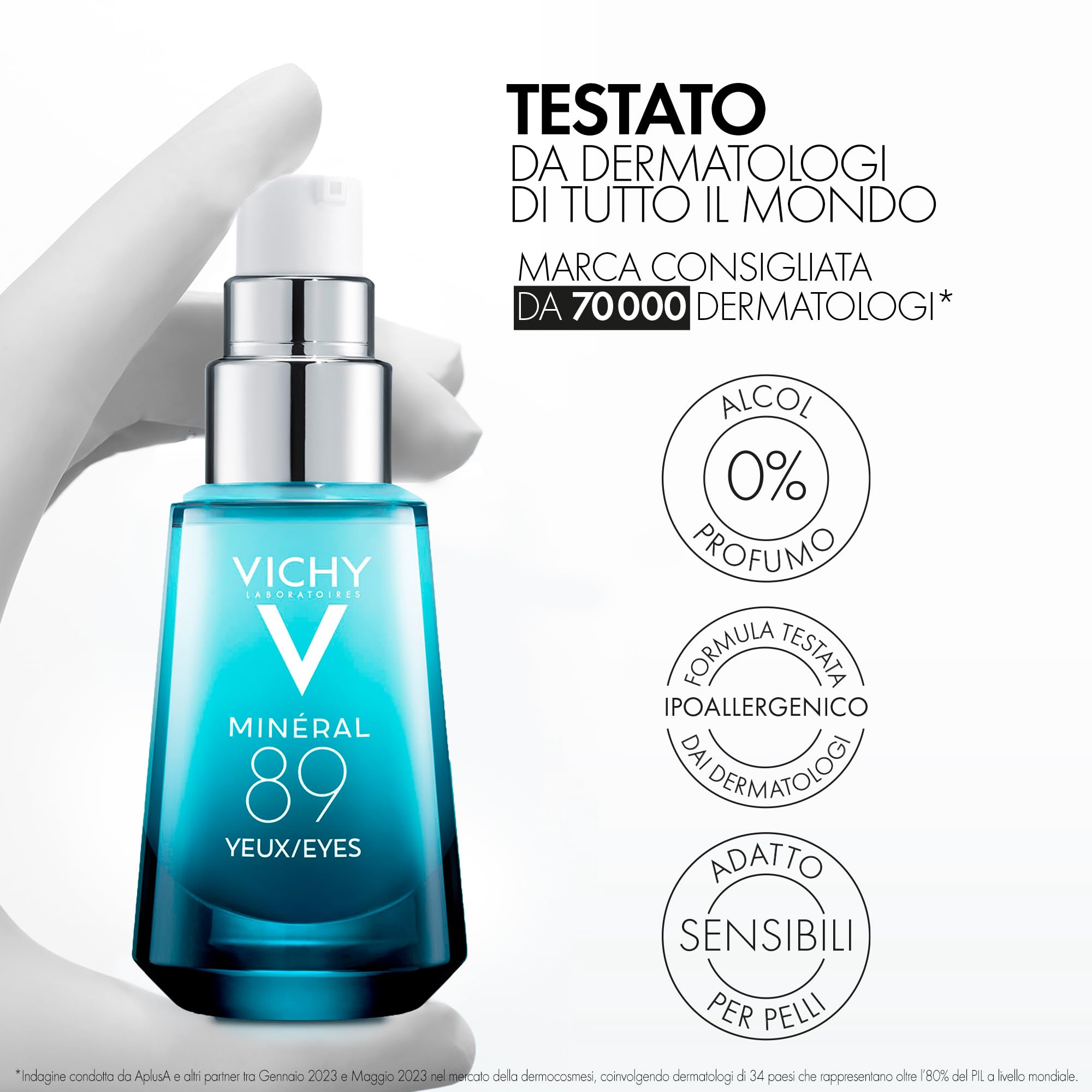 Vichy Minéral 89, Gel Occhi Fortificante, Per Tutti i Tipi di Pelle, 8H di Idratazione, Riduce Borse, Occhiaie e Linee Sottili, Con Caffeina, Acido Ialuronico e Acqua Vulcanica, 15 ml
