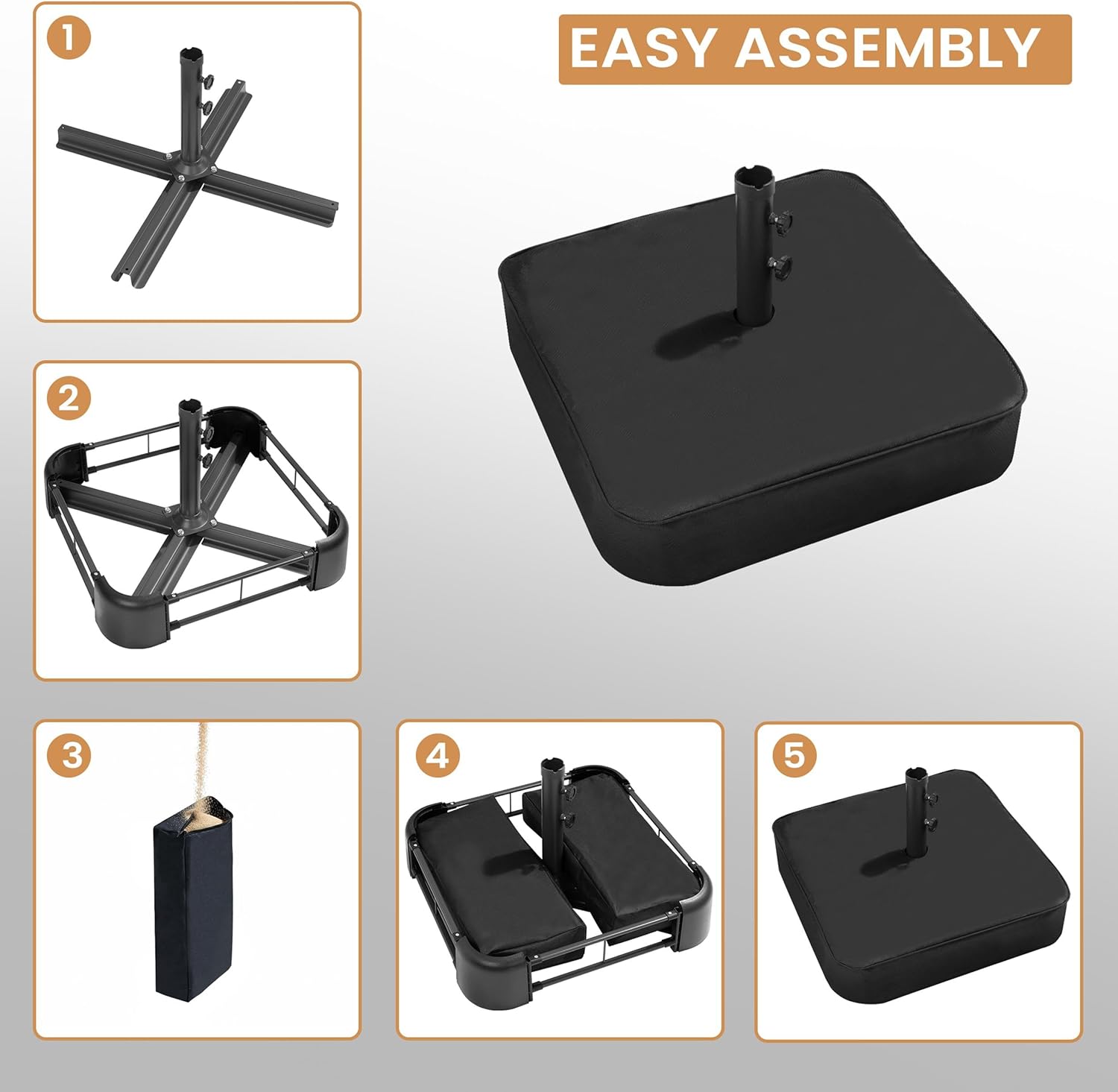 15FT Double Sided Umbrella with 144 LED Solar Lights, Outdoor Patio Umbrella with Base, Large Rectangle Market Umbrella UV Protection Wind Resistant for Patio Table, Backyard Deck Poolside (Tan)