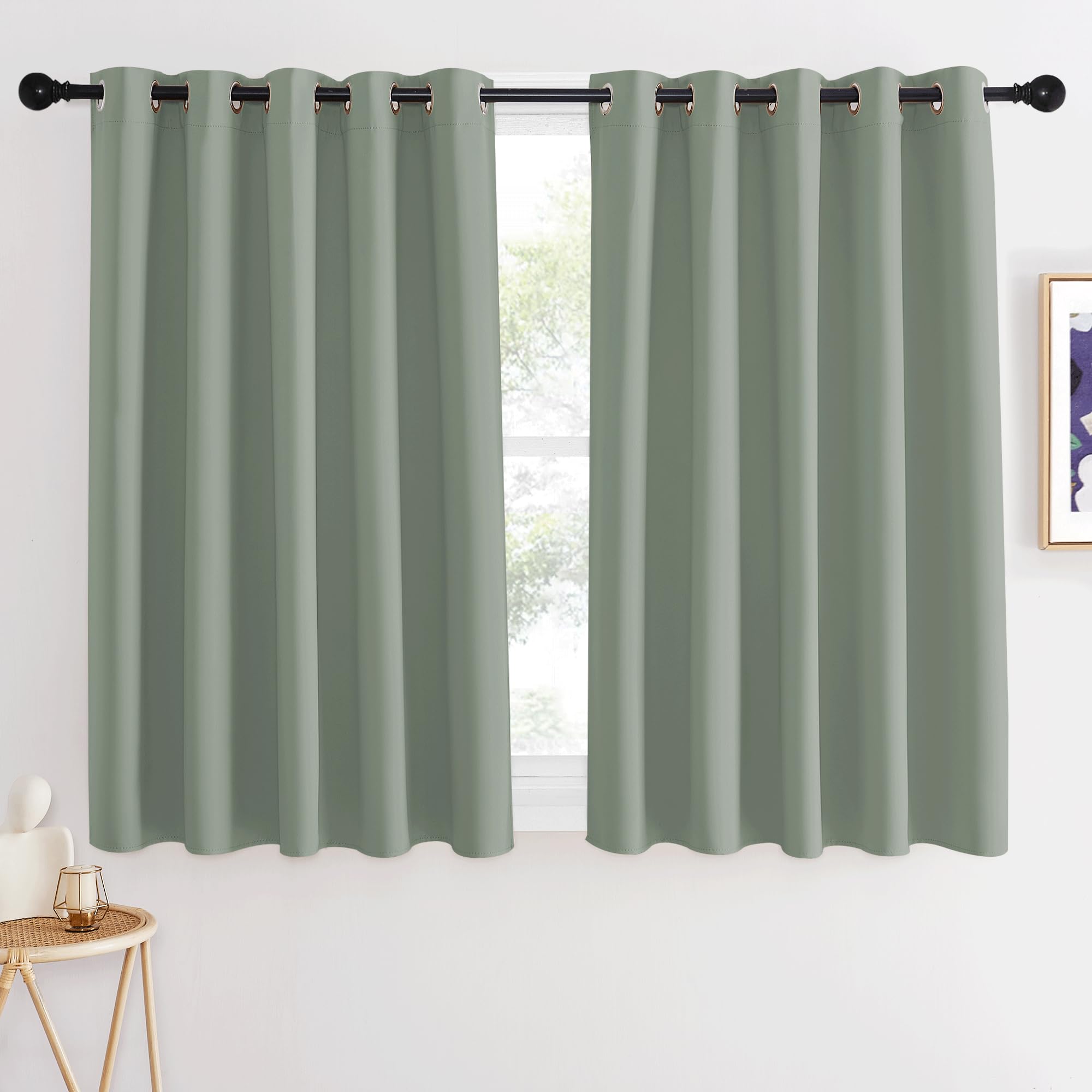 NICETOWN Blackout Sage Green Curtain 54 inches Long, Grommet Thermal Insulated Room Darkening Window Treatment Light Blocking for Kids Room/Bedroom,