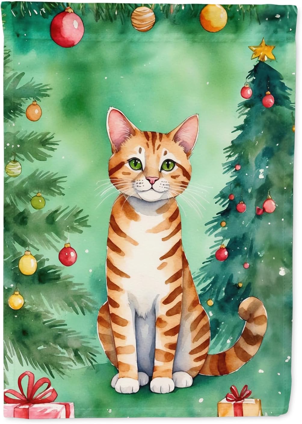Caroline's Treasures Safari Cat By the Christmas Tree House Flag Large Porch Sleeve Pole Decorative Outside Yard Banner Artwork Wall Hanging, Polyester, House Size, Multicolor