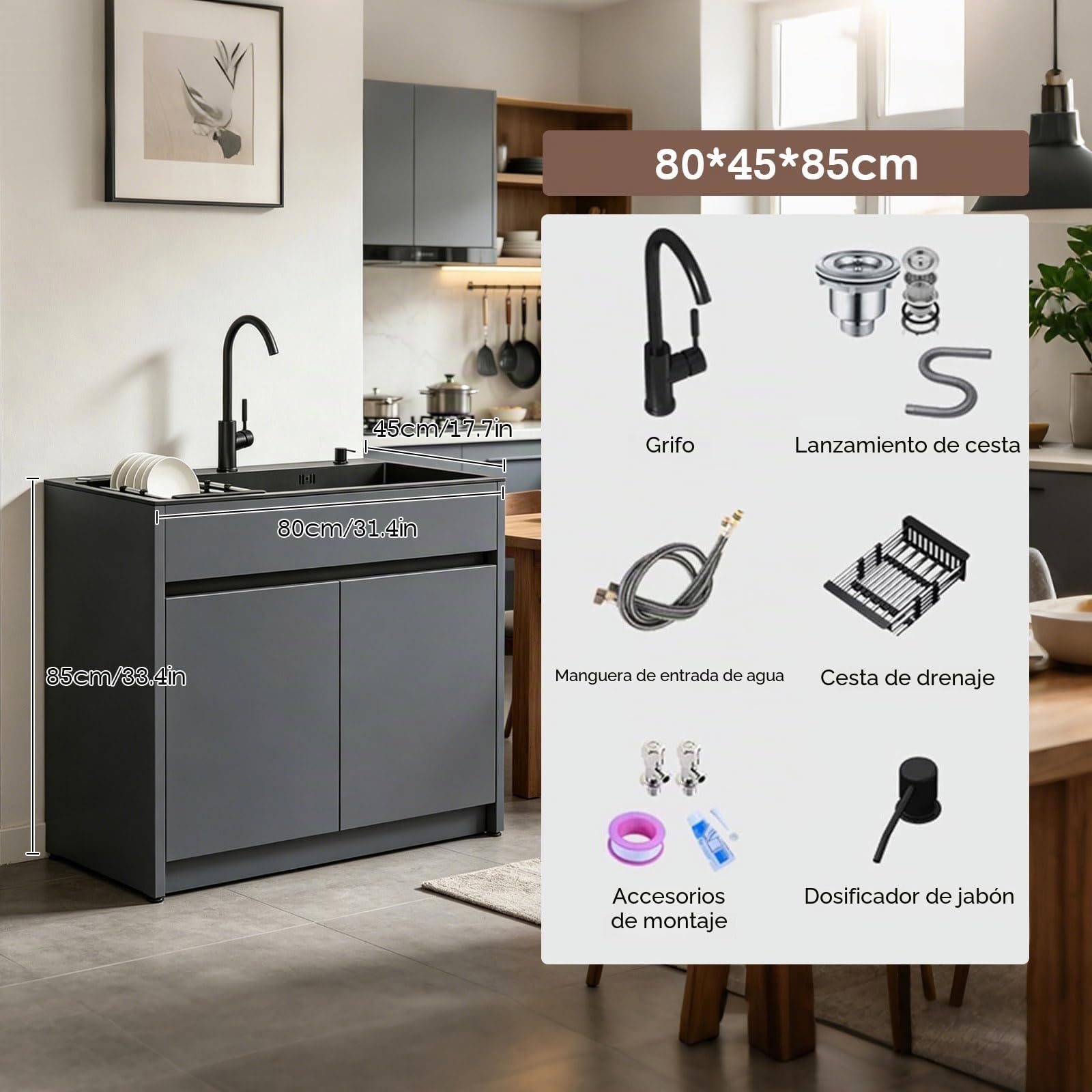 Fregadero de Exterior Independiente con Armario para Jardín y Taller, lavabo de acero inoxidable negro, cuerpo de aluminio de panel de abeja, incluye grifo de agua fría/caliente y kit de fontanería