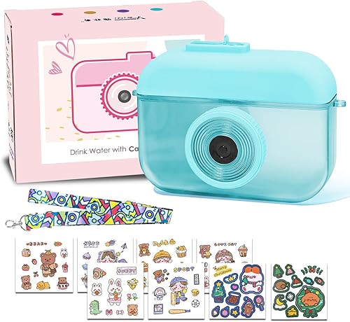 Miniatura 1 de Botella de agua con forma de cámara Kawaii con popote y correa, botellas de agua de 14.1 onzas líquidas con 8 calcomanías, sin BPA, vasos de