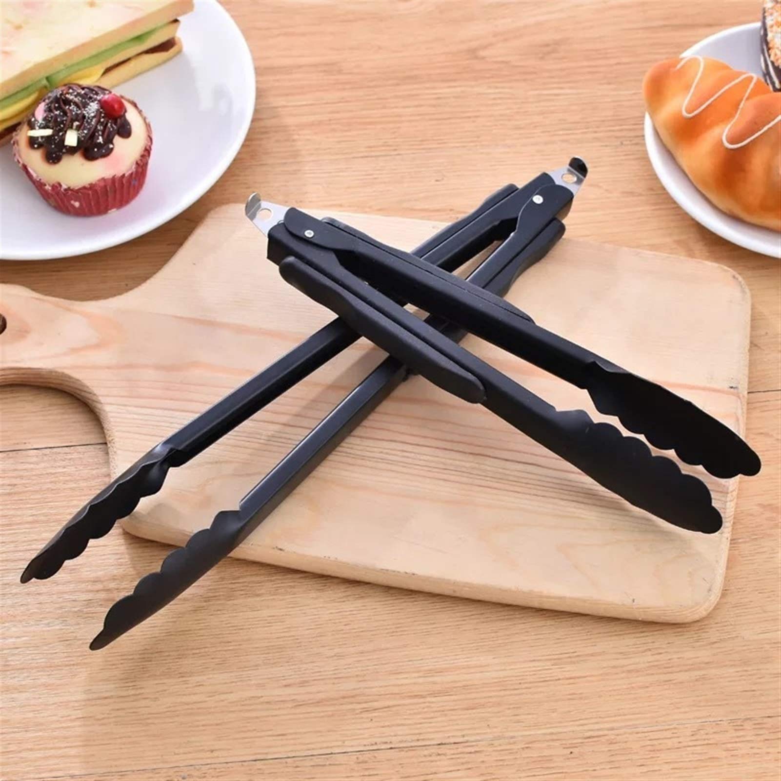 MRKU Pinzas para Bolsas de Comida, Pinzas Negras de Acero Inoxidable para cocinar, ensaladas, Pan, Barbacoa, Barbacoa, bufé, Pinzas para Servir, Utensilios de 9/12/14 Pulgadas