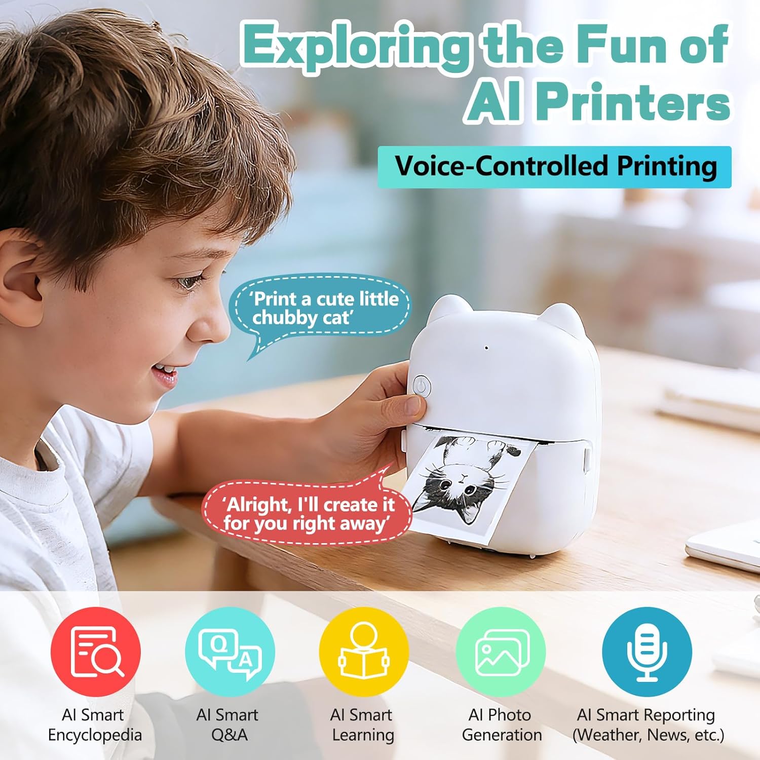 AI Voice Sticker Printer - Mini Portable Thermal Sticker Maker with Voice Control, Photo Generation & Smart Learning, Perfect for Notes, Drawing & DIY Crafts (6 Rolls Included)