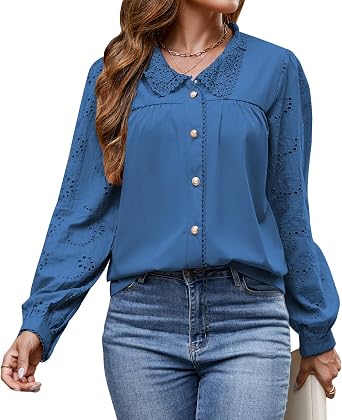 Blouses for Women Dressy Casual Fall Lace Long Sleeve Tops Button Down Blouses Eyelet Embroidery Hollow Out Shirt
