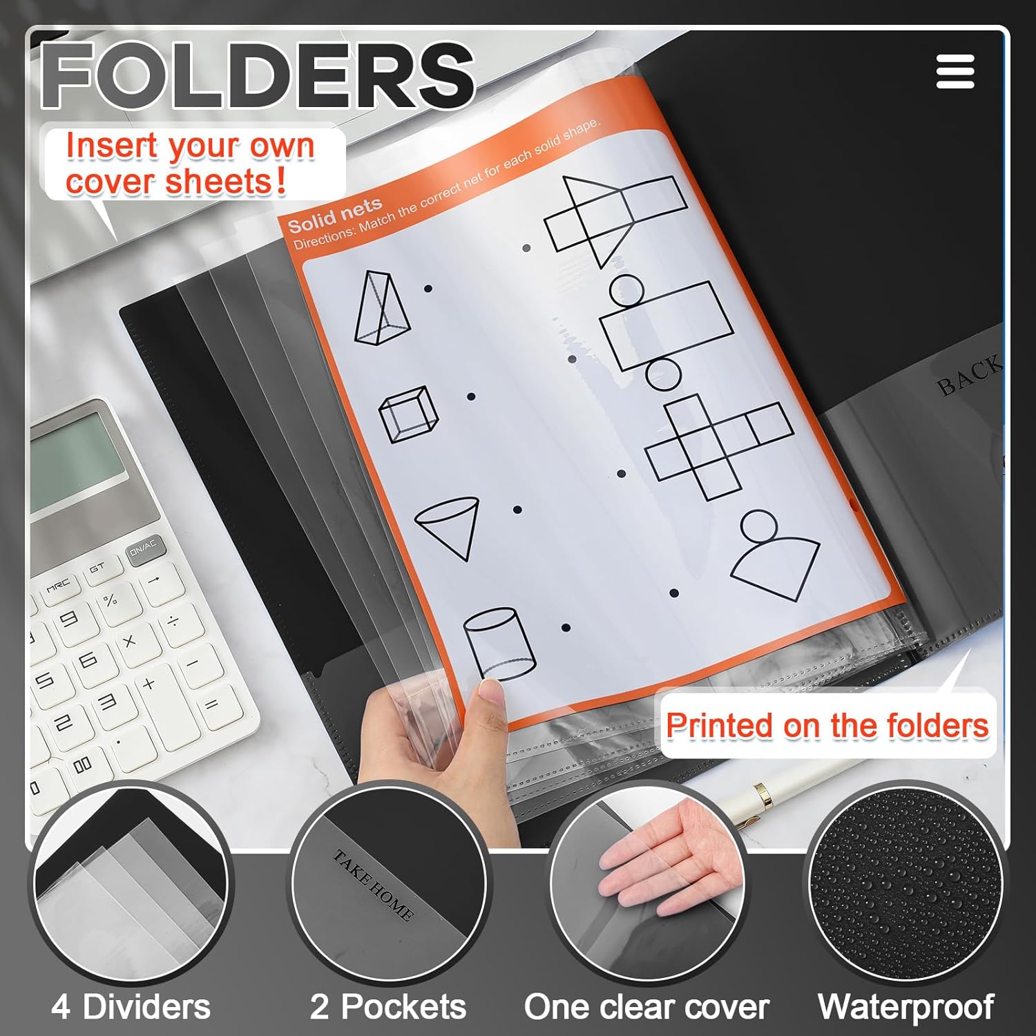 Henoyso 48 Pcs Black School and Home 2 Pocket Folders with 4 Clear Inner Pockets Plastic Heavy Duty Homework Folders Parent Teacher Communication for Student Home Office Classroom,11 x 9 Inch