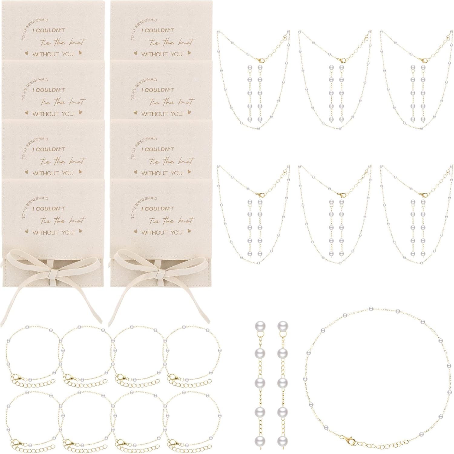 Quelay 32 Pcs 8 Sets Bridesmaids Plated Pearl Jewelry Gold Adjustable Necklace Set with Bracelet, Earrings and Jewelry Pouch for Women Wedding Bride Shower Gift