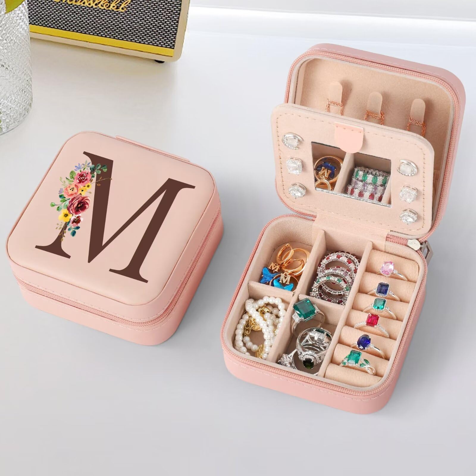 Parima Gifts for Mom - Mothers Day Gifts for Wife, Personalized Birthday Gifts for Mom, Mom Gifts From Daughter, Mother In Law Gifts, Mama Gift Idea, Travel Jewelry Case for Mom Women - Letter M, Pink