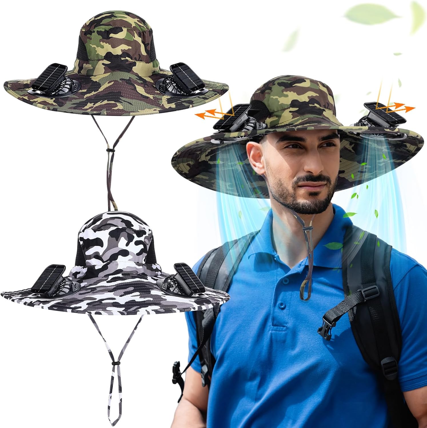 Shinymoon 2 Pcs Wide Brim Outdoor Sunscreen Hat with Solar Fan Summer Fishing Hat Men Sun Hat USB Charging Breathable Waterproof for Camping Hiking Beach, Camo