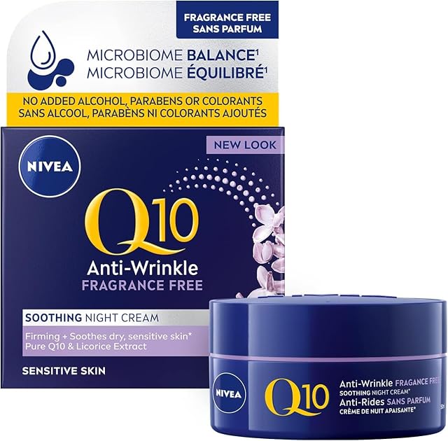 NIVEA Q10 Anti-Wrinkle + Fragrance Free Night Cream for Sensitive Skin | Night face moisturizer | 50mL