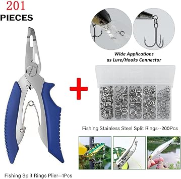 Pack of 201pcs Fishing Stainless Steel Split Rings 5 Sizes and Plier Set, Split ring capable of withstanding large tensile force and Fishing Plier Tool Kit(blue)