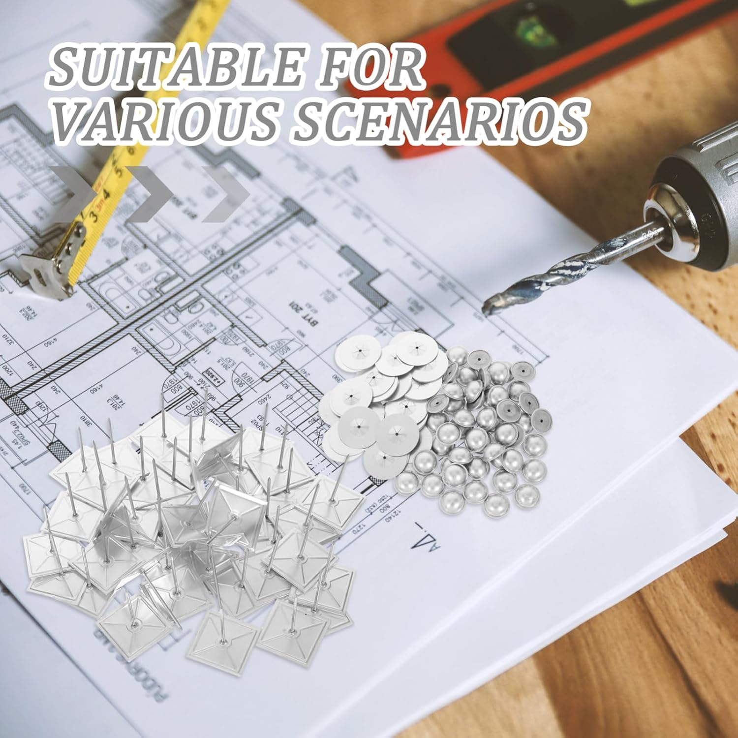 50 Sets Self Adhesive Insulation Pins Thermal Panel Anchors with Aluminum Dome Cap Washers for Foam Board Wall Ceiling and Floor Easy Installation High Thermal Efficiency