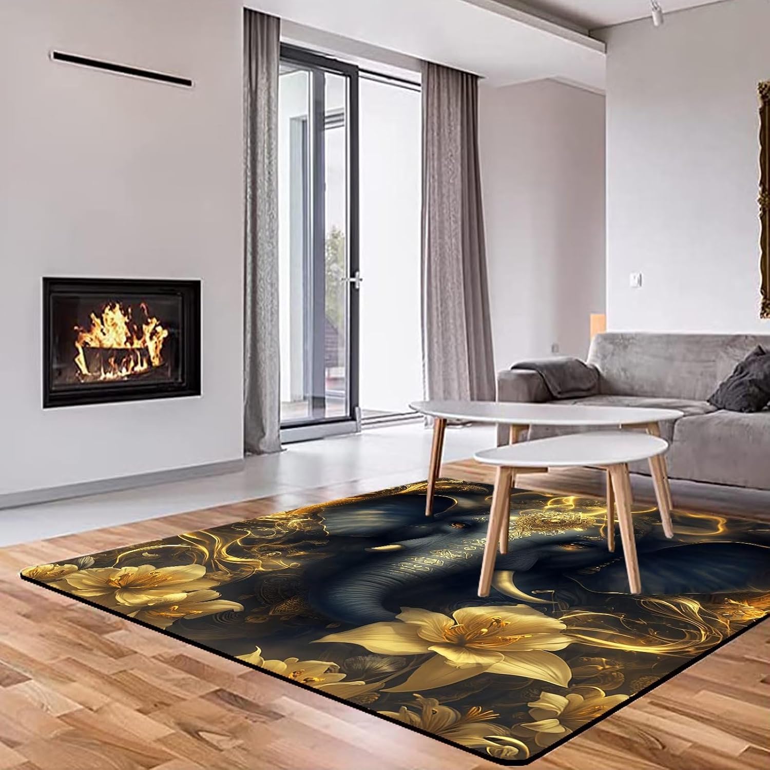 5' x 7' African Elephant Area Rug Opulent Gold Flowers Rugs for Living Room Bedroom Office Non-Slip Washable Indoor Floor Mat Doormat Throw Rugs Carpet 150x210cm