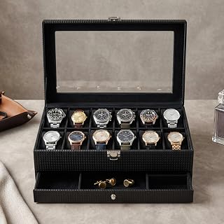 Amazon Basics Sliding Drawer 12-Slot Watch and Jewelry Organizer – Faux Leather & MDF Storage Box for Men and Women, Black