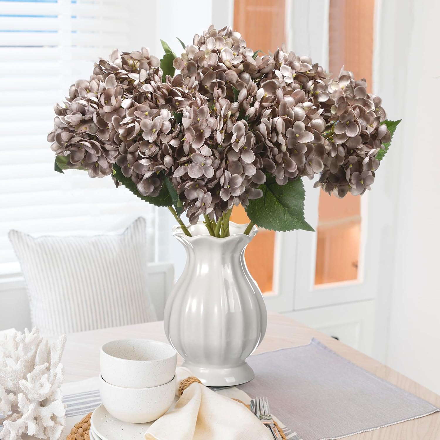 8 Pcs Coffee Brown Hydrangea Artificial Flowers 18 Inch Valentines Faux Hydrangea Flowers with Stems Fake Bouquet Bulk Realistic Floral for Spring Summer Wedding Home Table Indoor Decoration - Image 6