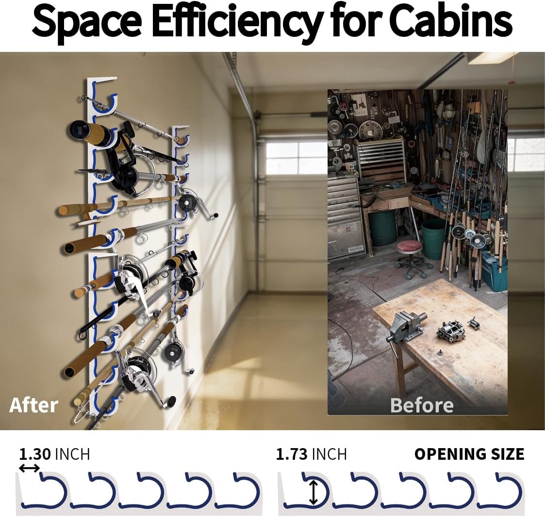 2-Pack Fishing Rod Holder 5-Slot Fishing Pole Rack, Wall or Ceiling Mount Heavy-Duty Organizer; Space-Saving for Garage, Tackle Room, Boat Storage，Black-Blue