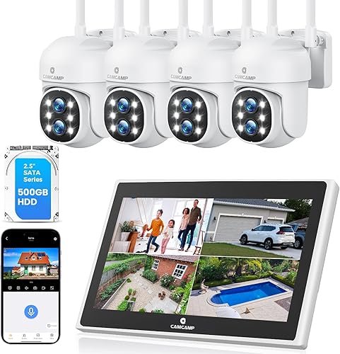 CAMCAMP Sistema de cámara de seguridad con cable, cámara de seguridad para el hogar de doble lente 2K con audio de 2 vías, cables de alimentación de