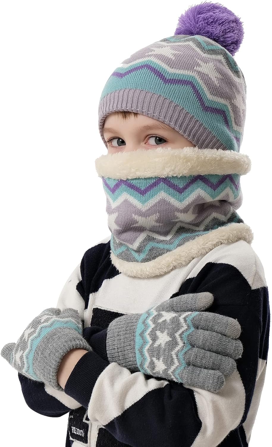 Kids Toddlers Winter Knit Warm Beanie Hat Scarf Gloves Set for Boys Girls Age 2-7, Pompom Cap Neck Warmer Gloves Fleece Lined - Image 6