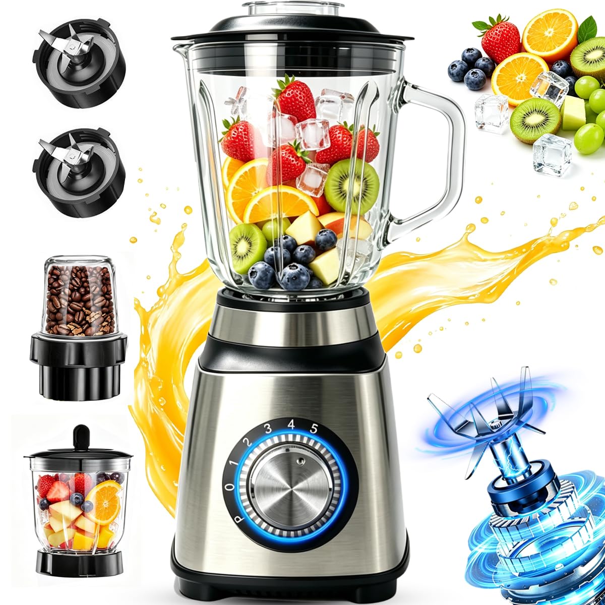 Standmixer Multifunktional Smoothie Maker,Maximalstufe 1500W,1,5 L Fassungsvermögen GlasbehälterGlas,Edelstahl Milchshaker Blender,6‑stufige Geschwindkeit,Fleischbecher/Mahlbecher,6-Klingen