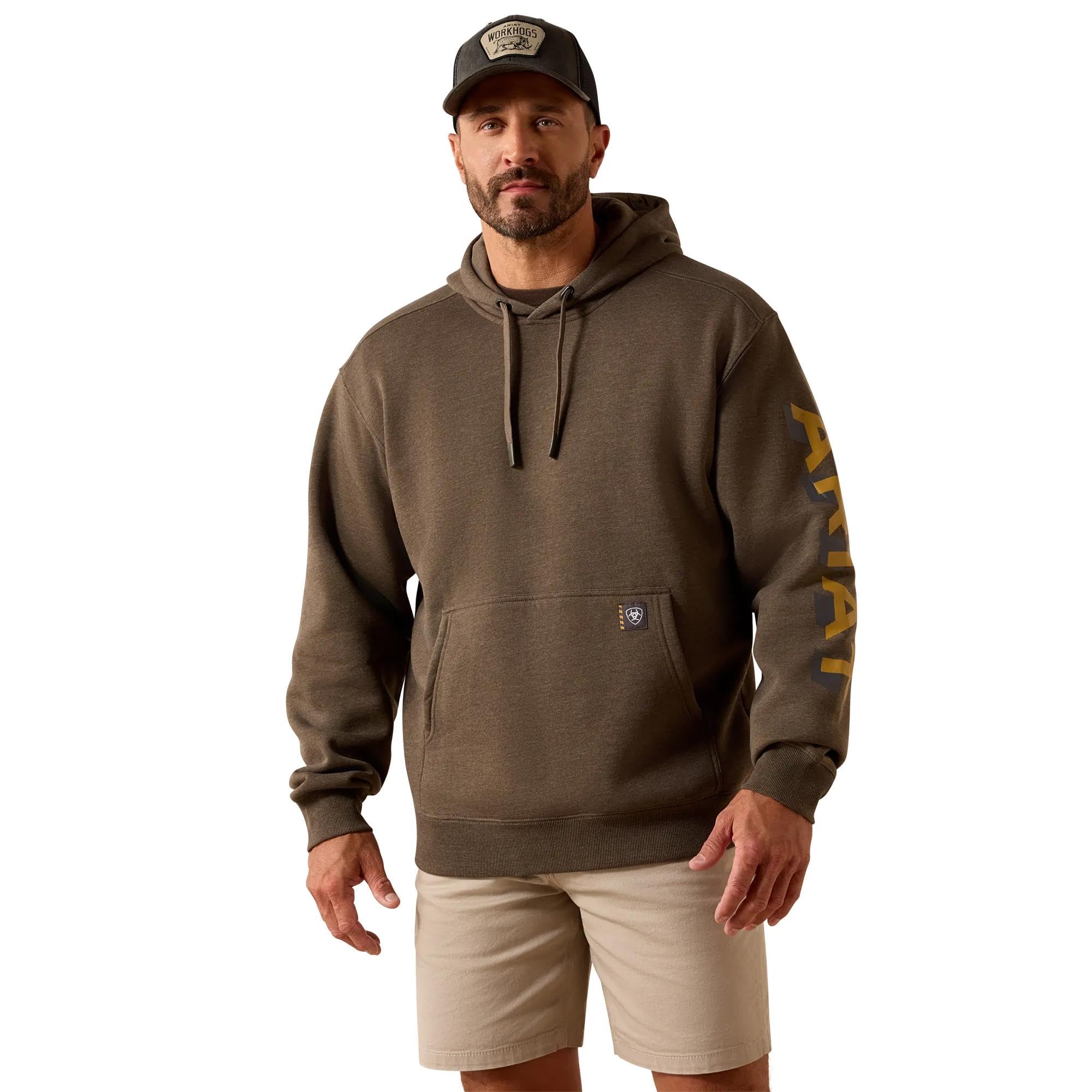 Men's Rebar Lightweight Logo Hoodie Long Sleeve in Major Brown Heather Wood Thrush, Size Medium, by Ariat