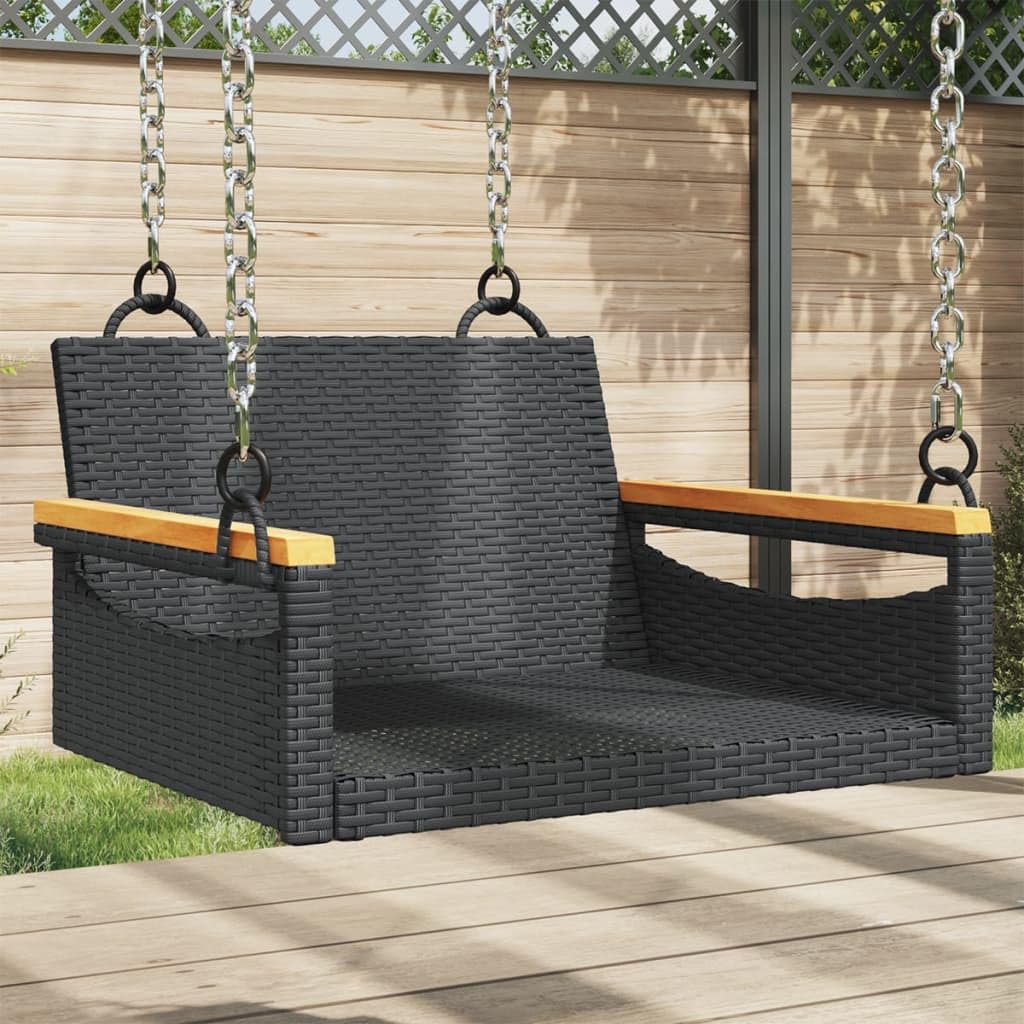 Banco Columpio de Ratán Sintético Negro 63x62x40 cm para Exterior, Mueble Colgante con Función de Balanceo y Anillos de Fijación, Estructura Robusta de Acero, Incluye 1
