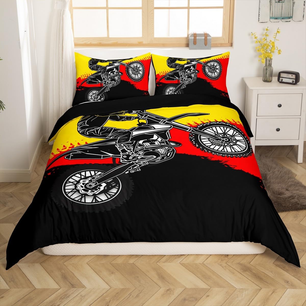 Erosebridal Dirt Bike Comforter Cover King Size Motocross Rider Duvet Cover Extreme Games Sport Bedding Set for Boys Teens Kids Bedroom Mountain Road Bedspread Cover with 2 Pillow Cases Black White