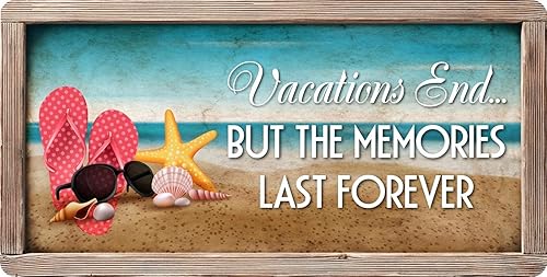 613HS Sea Shells Vacations End But Memories Last Forever Beach - Letrero de vinilo retro de 4 x 8 pulgadas
