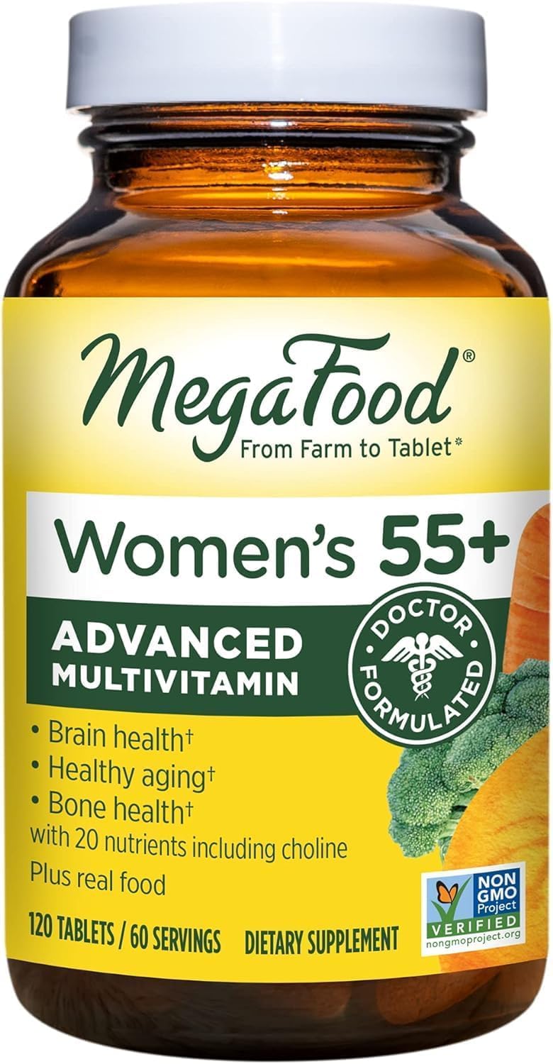 MegaFood Women's 55+ Advanced Multivitamin for Women - Doctor-Formulated with Choline, Vitamin D3, Vitamin B12, Biotin - Plus Real Food - Optimal Aging, Vegetarian - 120 Tabs (60 Servings)