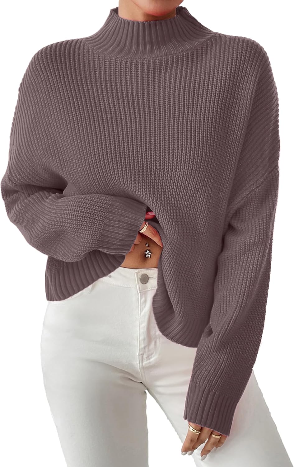 SunnyMelody Womens Cropped Mock Neck Sweater Fall 2025 Ribbed Knit Pullover Sweaters Jumper - Lightweight, Crop, Loose Fit