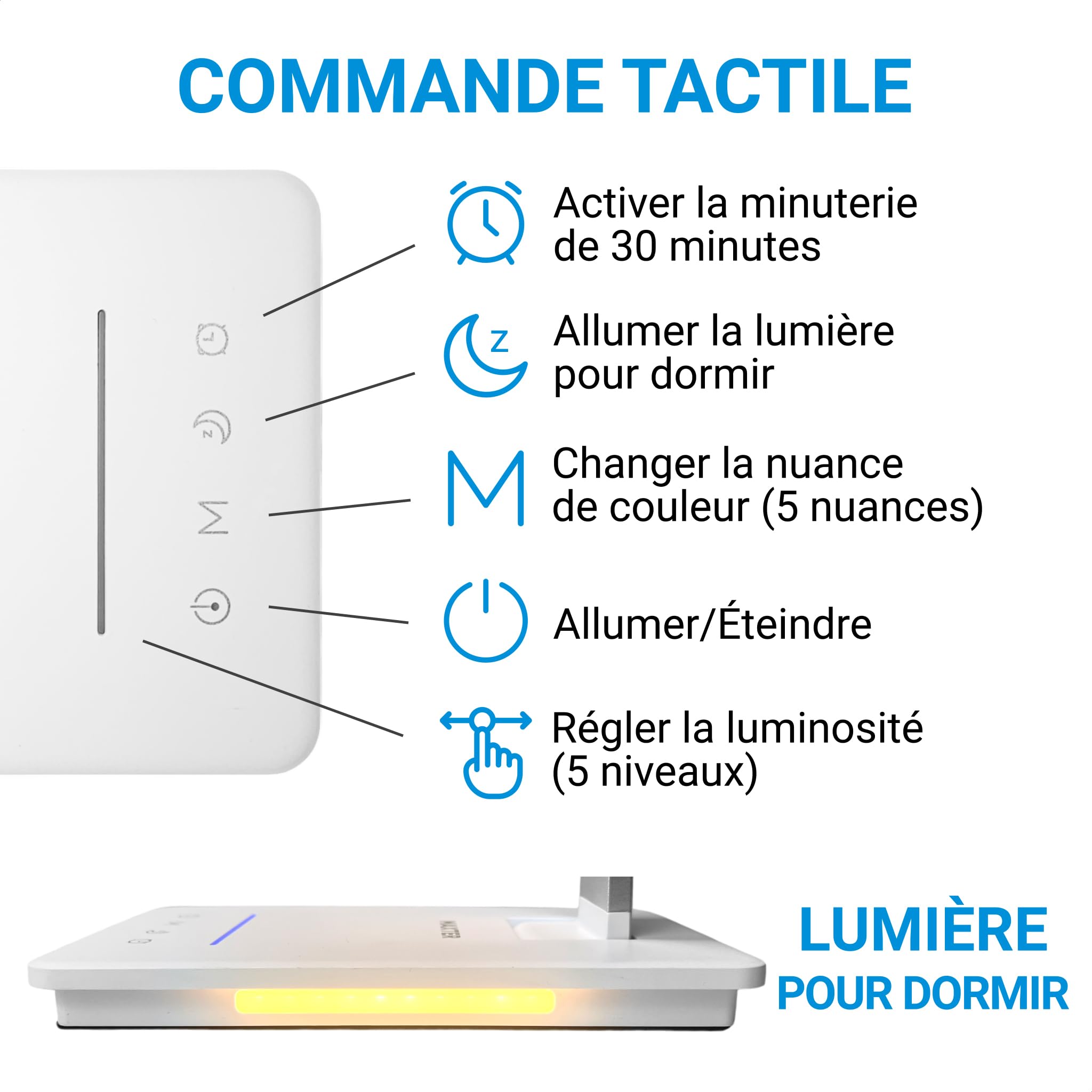 Maxter Lampe de Bureau LED Puissante - Lampe de Chevet et de Lecture Sans Fil Rechargeable (6W, 550 Lumen, Port USB, 5 Niveaux de Luminosité et 5 de Couleur, Minuterie 30 min, Mode Lecture)