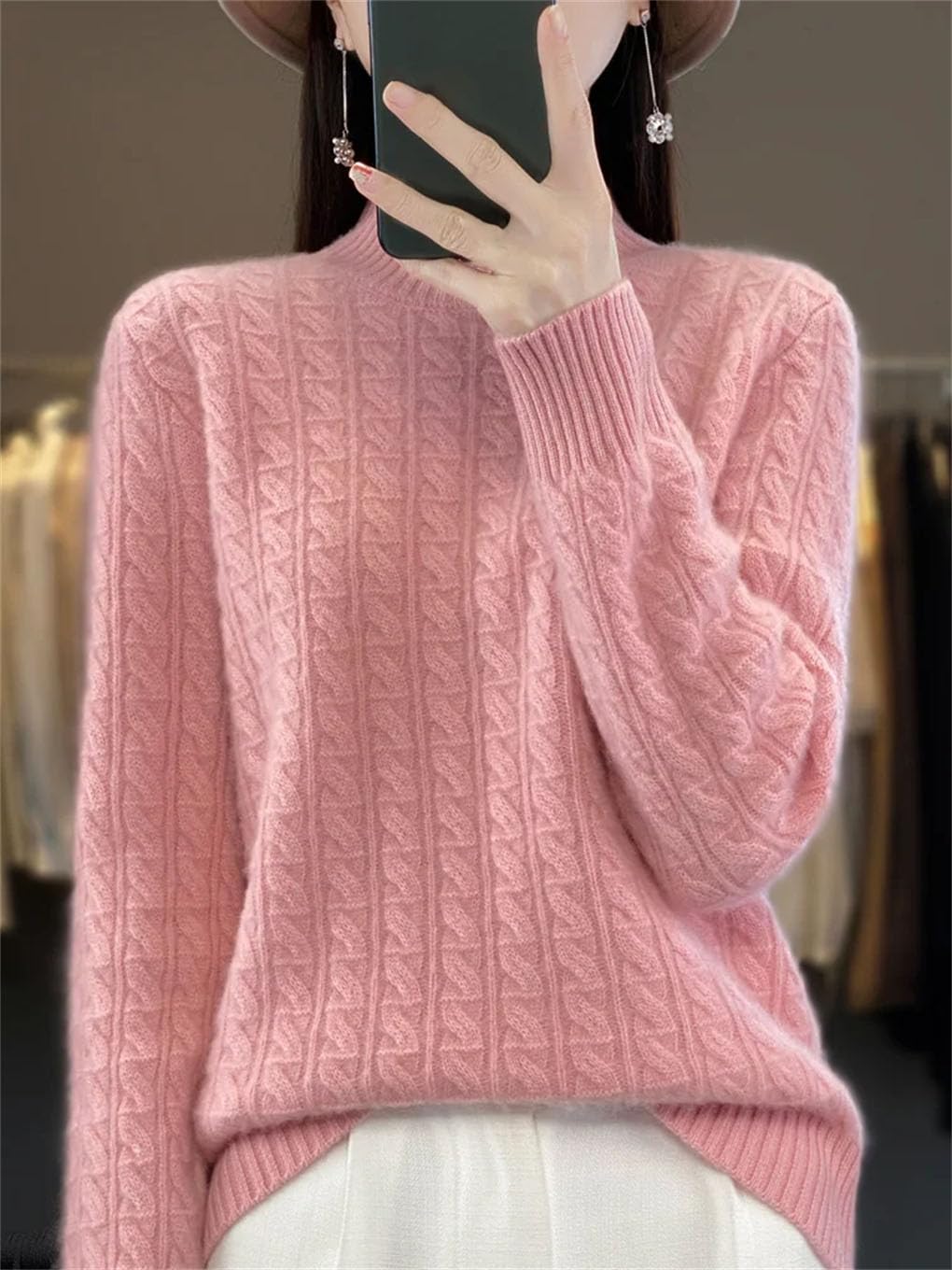 Maglione invernale da donna in lana, spesso, caldo, con collo a lupetto intrecciato