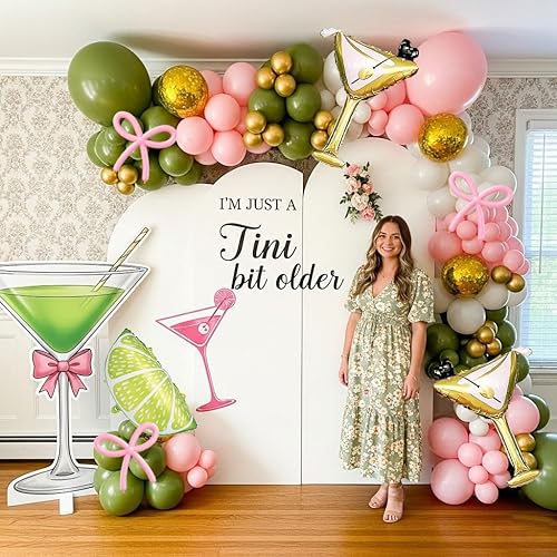 Miniatura 5 de Juego de guirnalda de globos de martini de limonada A Tini Bit para decoración de fiesta mayor, 130 globos rosa, verde y blanco, globo de vidrio de