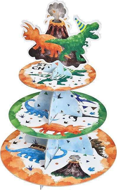 WERNNSAI Watercolor Dinosaur Cupcake Decorations - Dinosaur Birthday Party Supplies for Kids Boys 3-Tier Dino Theme Cardboard Cupcake Stand Holder Round Serving Tray Stand Dessert Tower