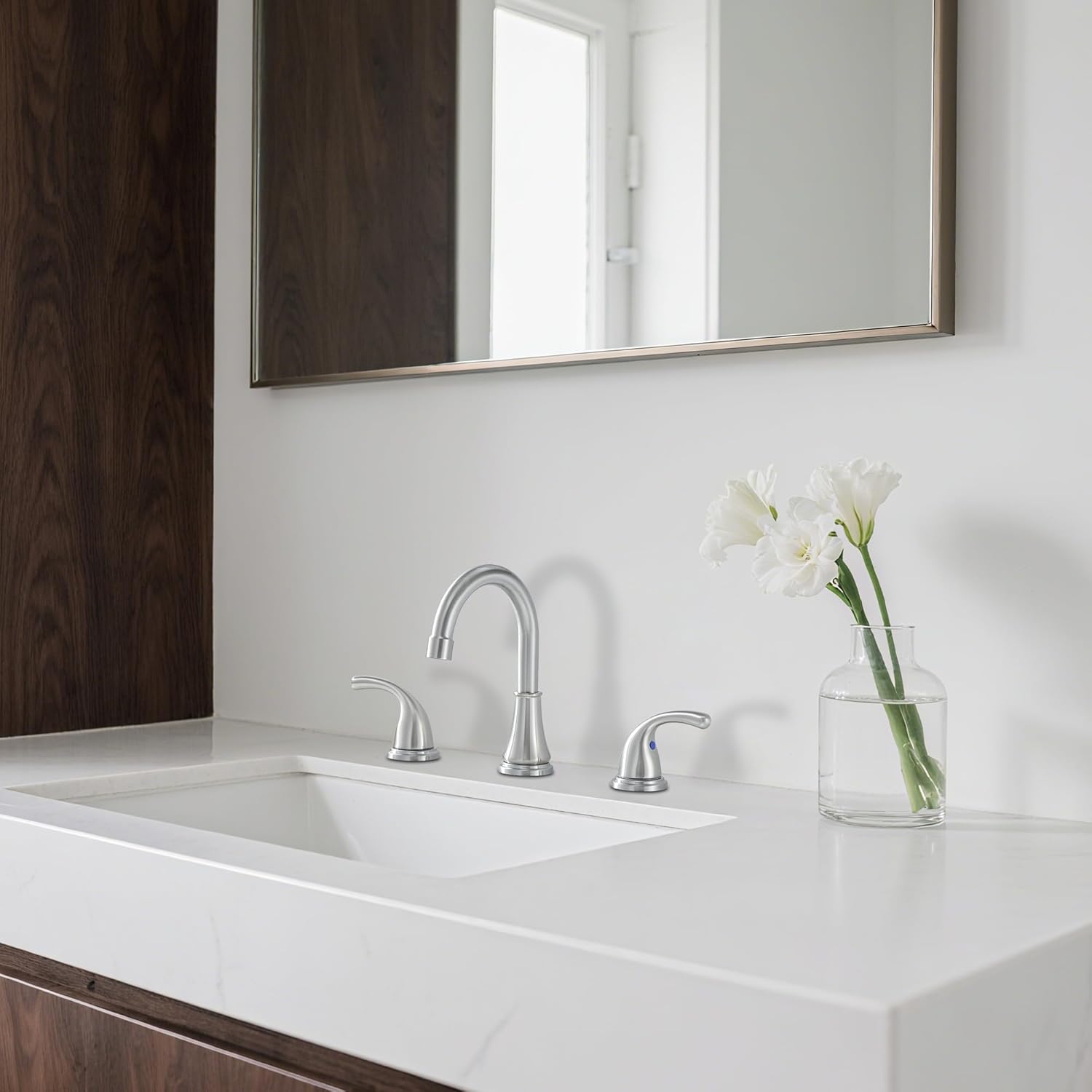 Bathroom Faucet 3 Holes, 8 Inch Widespread Faucet 2 Handle Bathroom Sink Faucets Lead-Free Brushed Nickel Bath Sink Faucets with Pop-up Drain Stopper and Supply Hoses