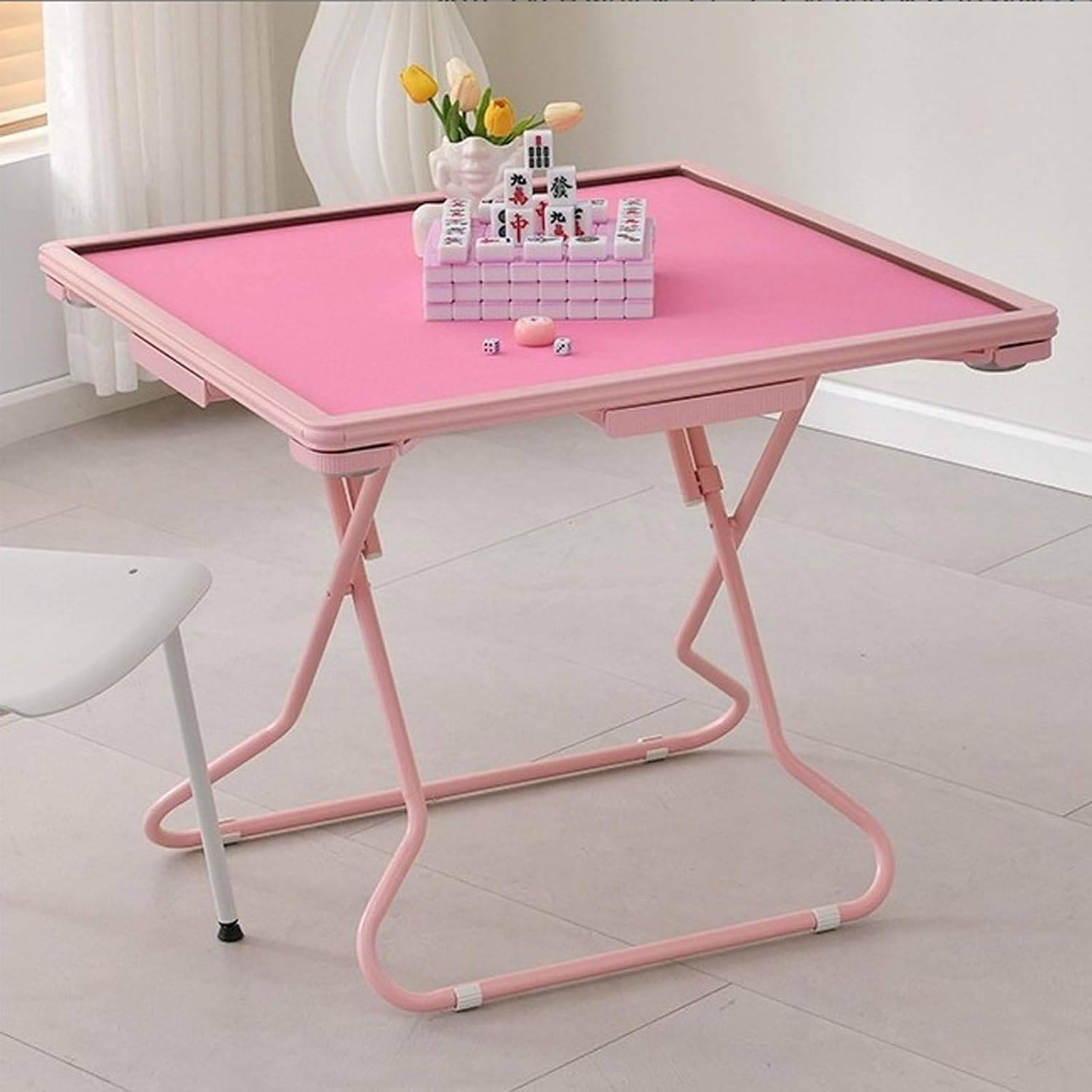 Foldable Mahjong Table, for 4 People, with Cup Holders and Drawers -Square Card Poker Cards, Board Games