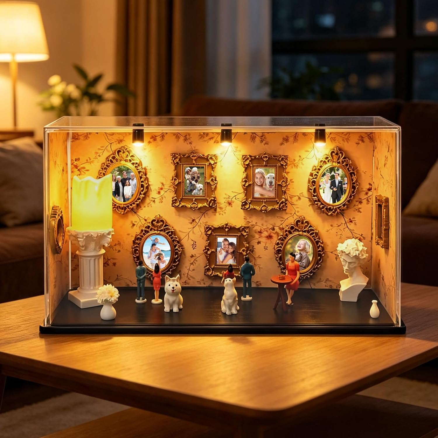 DIY Mini Museum Kit of Us Museum Shadow Box with Mini Picture Frames People Figurines & Led Light Memory Figurines Personalized Silhouette Box for Home Decor Wedding Graduation Pet Family Memorial