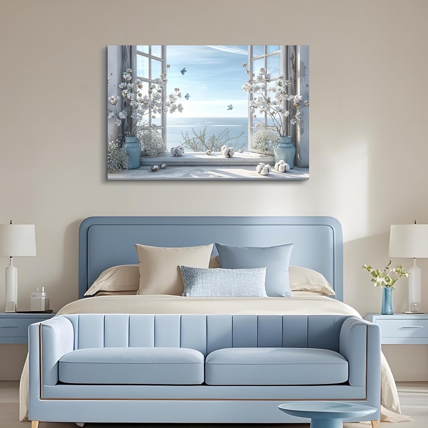 Craftline - Rustic Bathroom Flower Wall Art for Living Room Window Seascape Seaside Scenery Painting Picture Canvas Prints for Bedroom Cotton Butterfly Ocean Poster Framed Artwork Wall Decor 36x24Inch