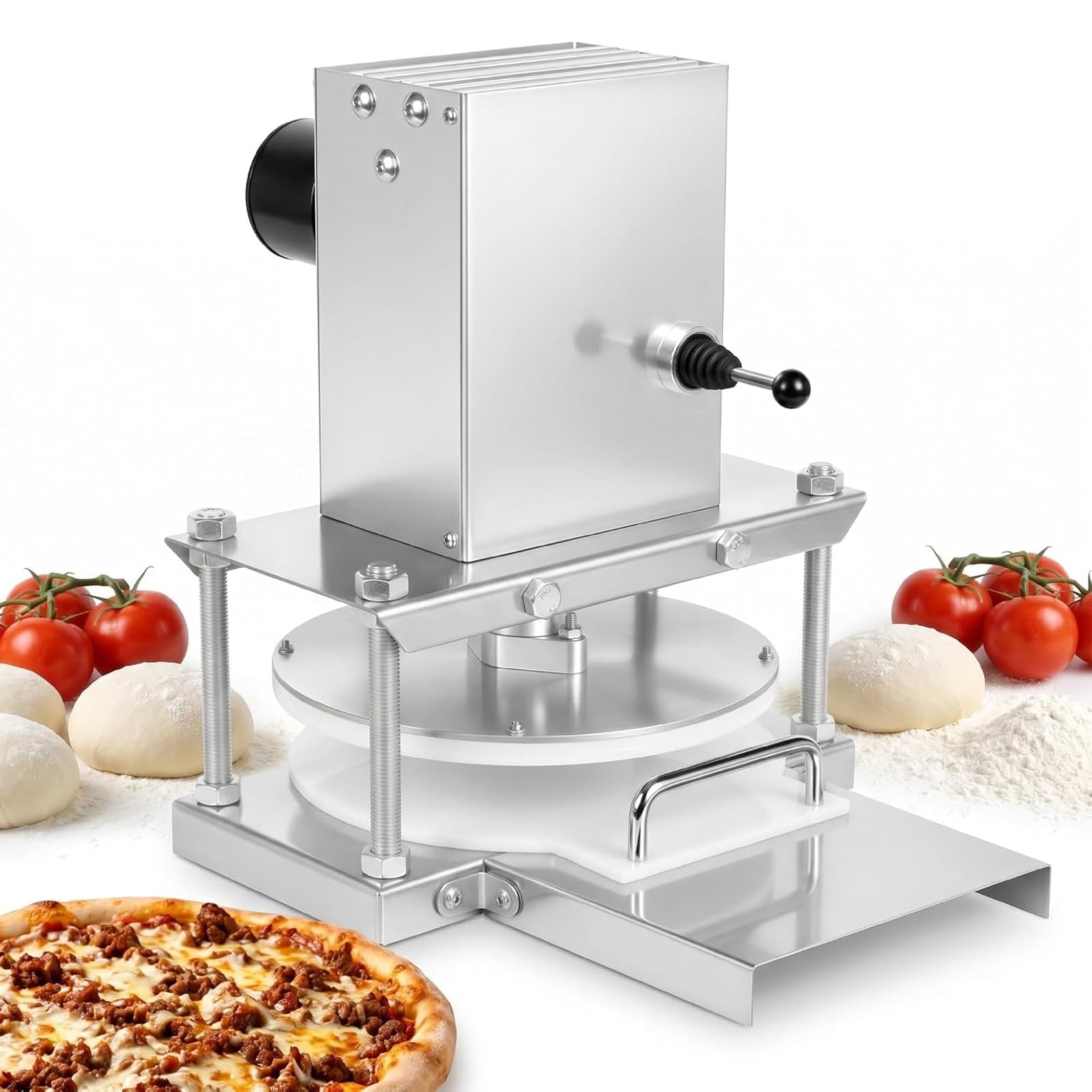 Elektryczna prasa do ciasta na pizzę, wysuwana taca | Wałek do ciasta ze stali nierdzewnej, wydajność 400 szt./godz., łatwe czyszczenie, do komercyjnego(25CM)