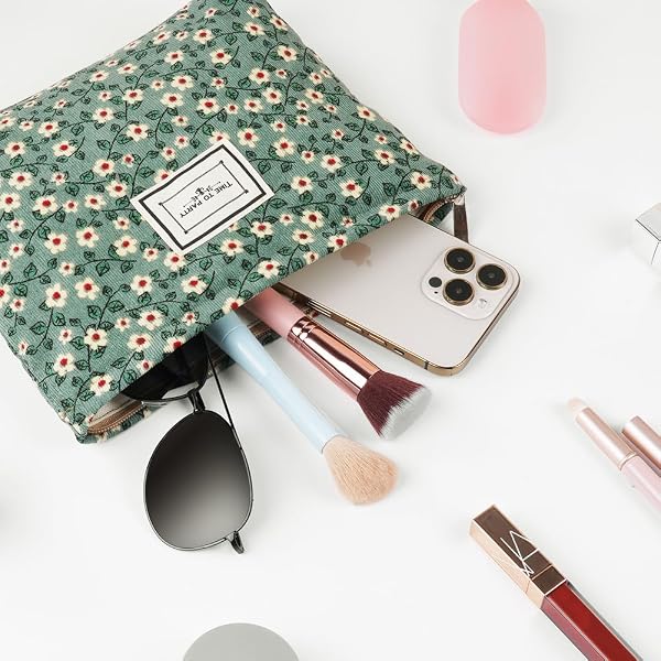Aucuu Cosmetic Bags for Women, Small Floral Canvas Cosmetic Bag, Rose Flower Printing Corduroy Toiletry Bag, Multifunctional Travel Makeup Bag with Metal Zipper for Women Girls Gift - Green Flower - 5