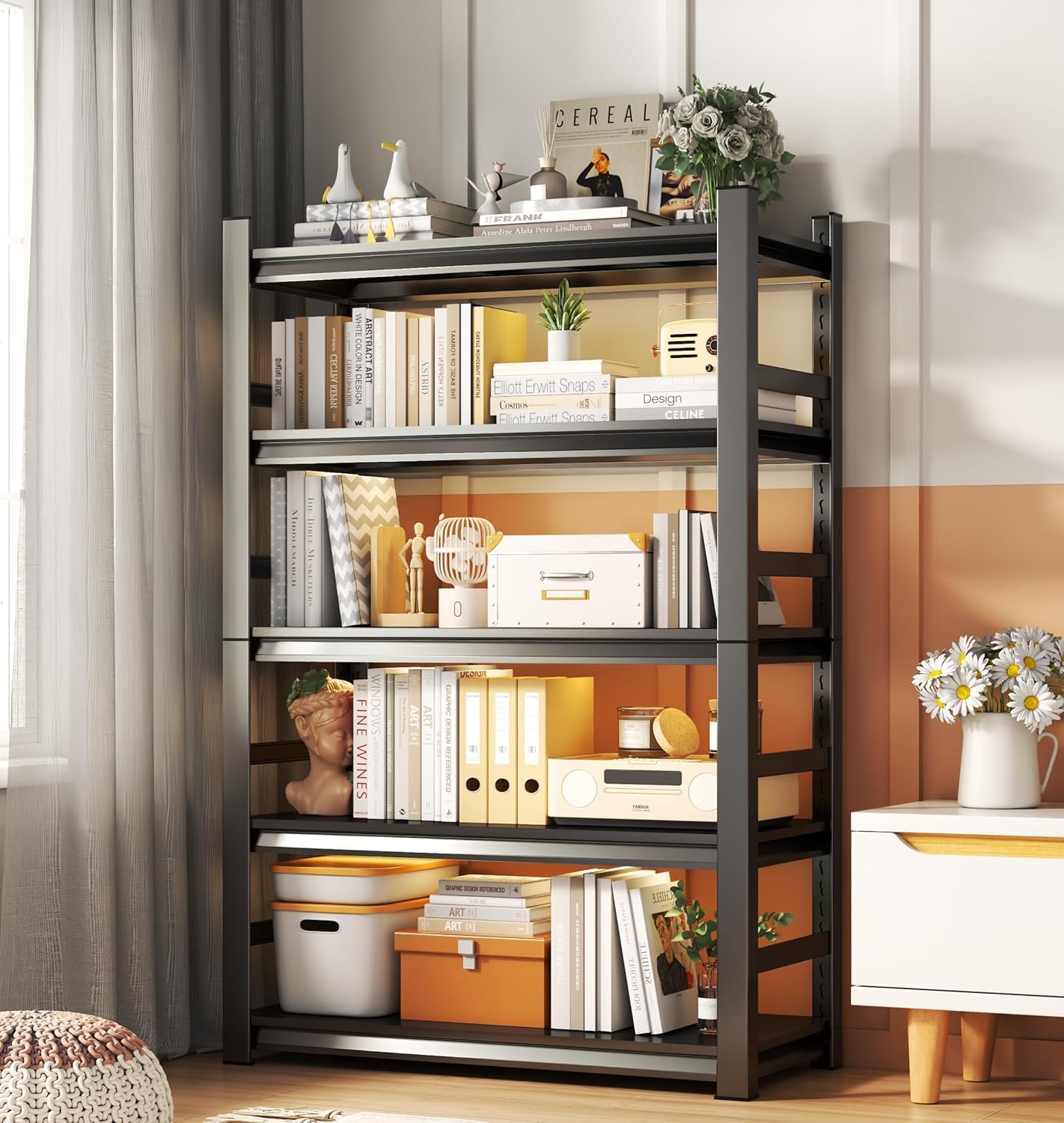 Tall Bookshelf with Open Shelves, Metal Office Book Shelf, Adjustable Organizer Bookcase, Standing Storage Organizer Shelf for Living Room (47.2" W*23.6" D*72" H)