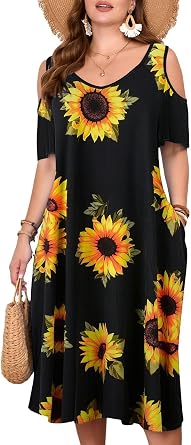 LARACE Plus Size Women Dress for Summer, Midi Womens Sundress, Casual V-Neck Short Sleeve Flowy T-Shirt Dresses with Pockets