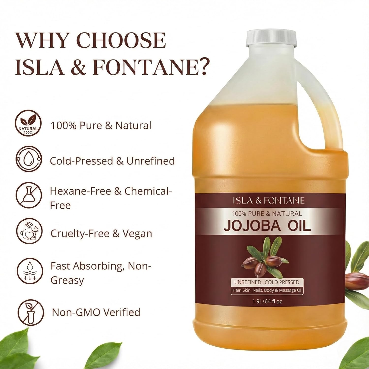 ISLA & FONTANE Jojoba Oil Set – 64 Fl Oz (1.9L) | 100% Pure & Natural | Golden, Unrefined, Cold Pressed | Hexane-Free Carrier Oil for Skin, Hair, Face, Nails & Body