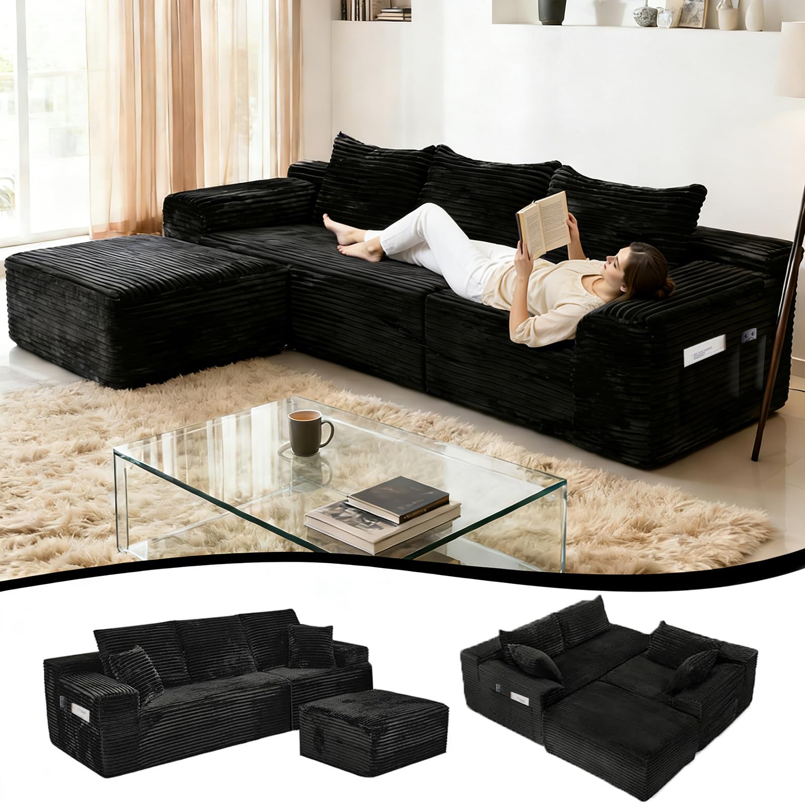 275cm Ecksofa mit Schlaffunktion, L-Form Schlafsofa 3-Sitzer mit Ottomane Links oder Rechts, Relaxsofa für Wohnzimmer, freistehend, Keine Montage