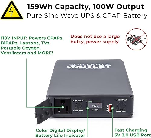 Miniatura 5 de PO-160UPSv2 159W 110-240V UPS CPAP Batería y fuente de alimentación de respaldo compatible con Philips Respironics DreamStation 1 y 2, ResMed