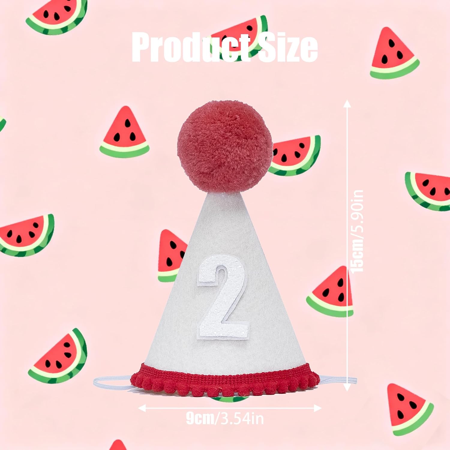 2nd Birthday Party Hat, White with Red Pom Pom and Trim, Glitter Number 2 - Image 3