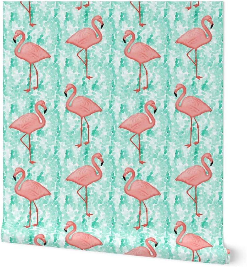 Peel & Stick Wallpaper 3ft x 2ft - Flamingos Coral Aqua Flamingo Tropical Bird Watercolor Beach Hawaiian Kitchen Custom Removable Wallpaper by Spoonflower