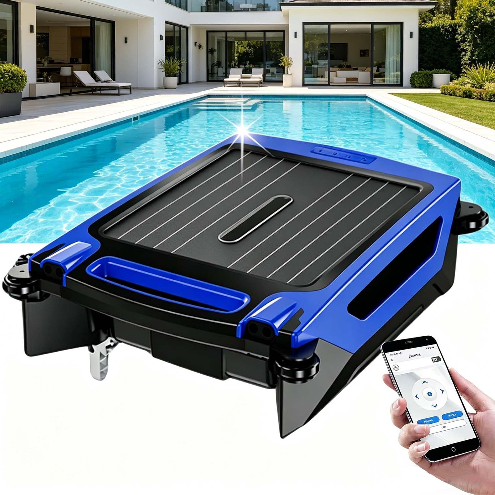 Robot Skimmer De Piscina Solar-Limpiador AutomáTico Superficie,Carga Dual Y Control Por App,Motor Sin Escobillas Resistente Al Agua Salada, Inteligente Evitar ObstáCulos,200m²,Cesta 4,1L Blue