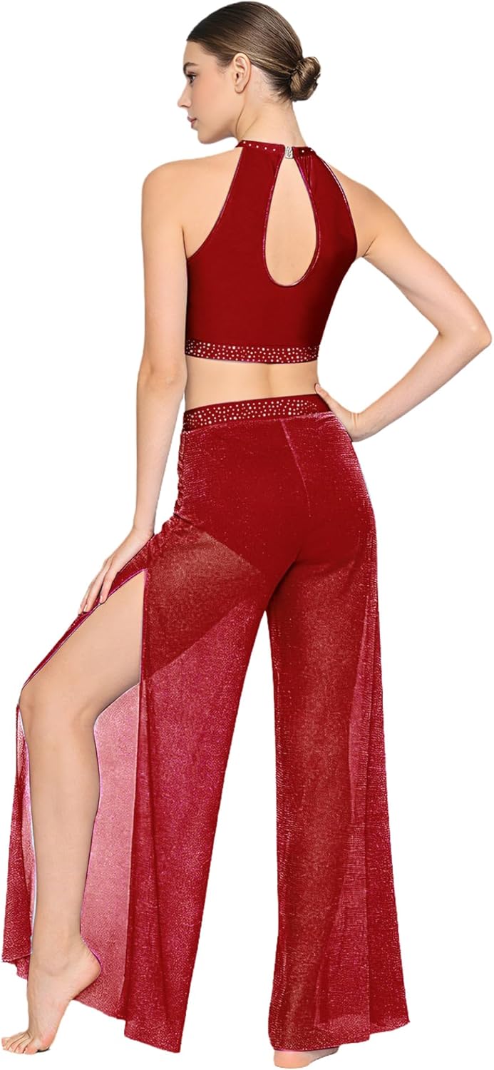 Women Lyrical Dance Costumes Modern Contemporary Dancewear Hollow-out Tank Top Mesh Leg Pants 2pcs Set Burgundy Small