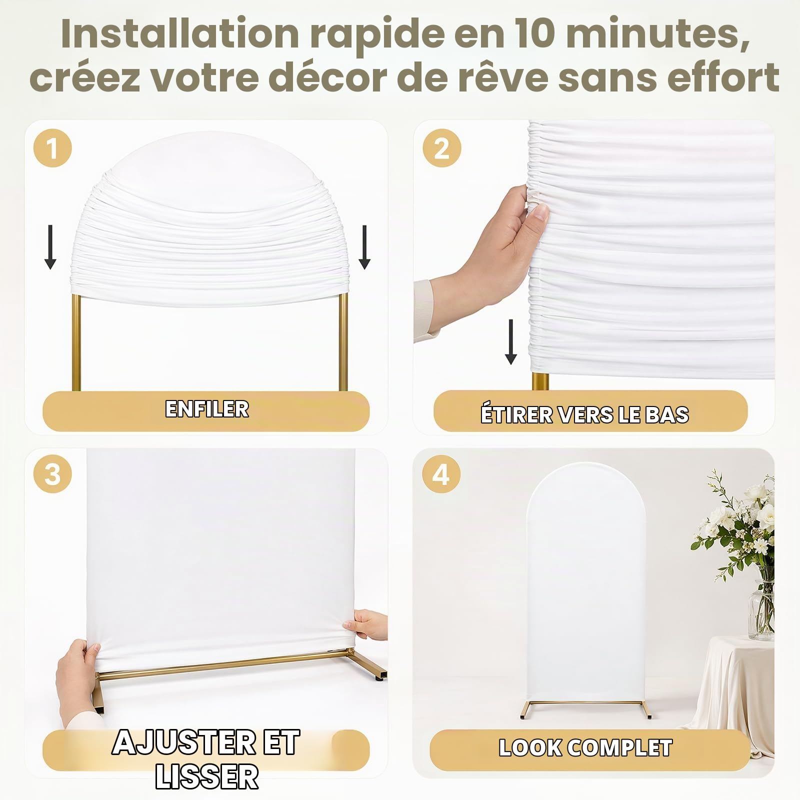 Lot de 3 Housses d’Arche de Mariage 1,8m / 2m / 2,2m, Tissu Fond Photo Respirant Réutilisable, Décoration pour Mariage, Anniversaire, Baptême et Événements